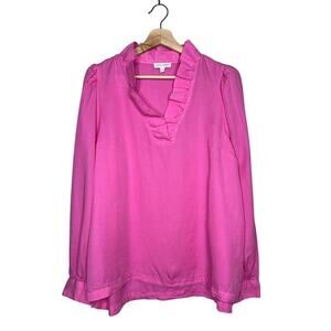 Crown & Ivy Solid Pink Ruffle Neck Long Sleeve Top Size XL Peasant Prep